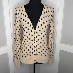 T/O Sweaters Cardigan Women Size Small Cream Black‎ Polka Dot V-Neck Button Up